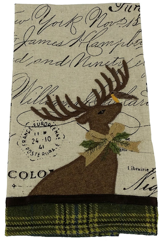 ML14898C Holiday Reindeer Tartan Script Towel 16x22