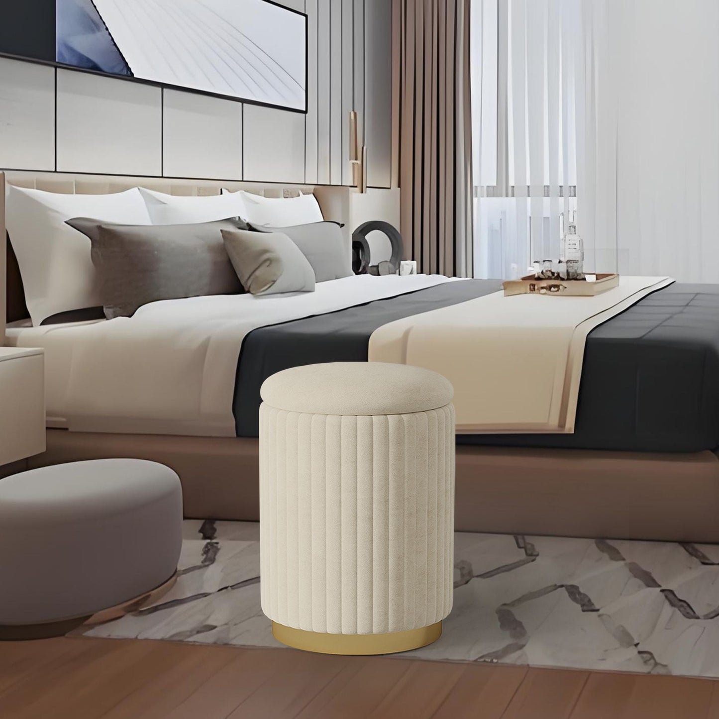 1pc Round Storage Ottoman, Upholstered Vanity Stool, Footrest Stool