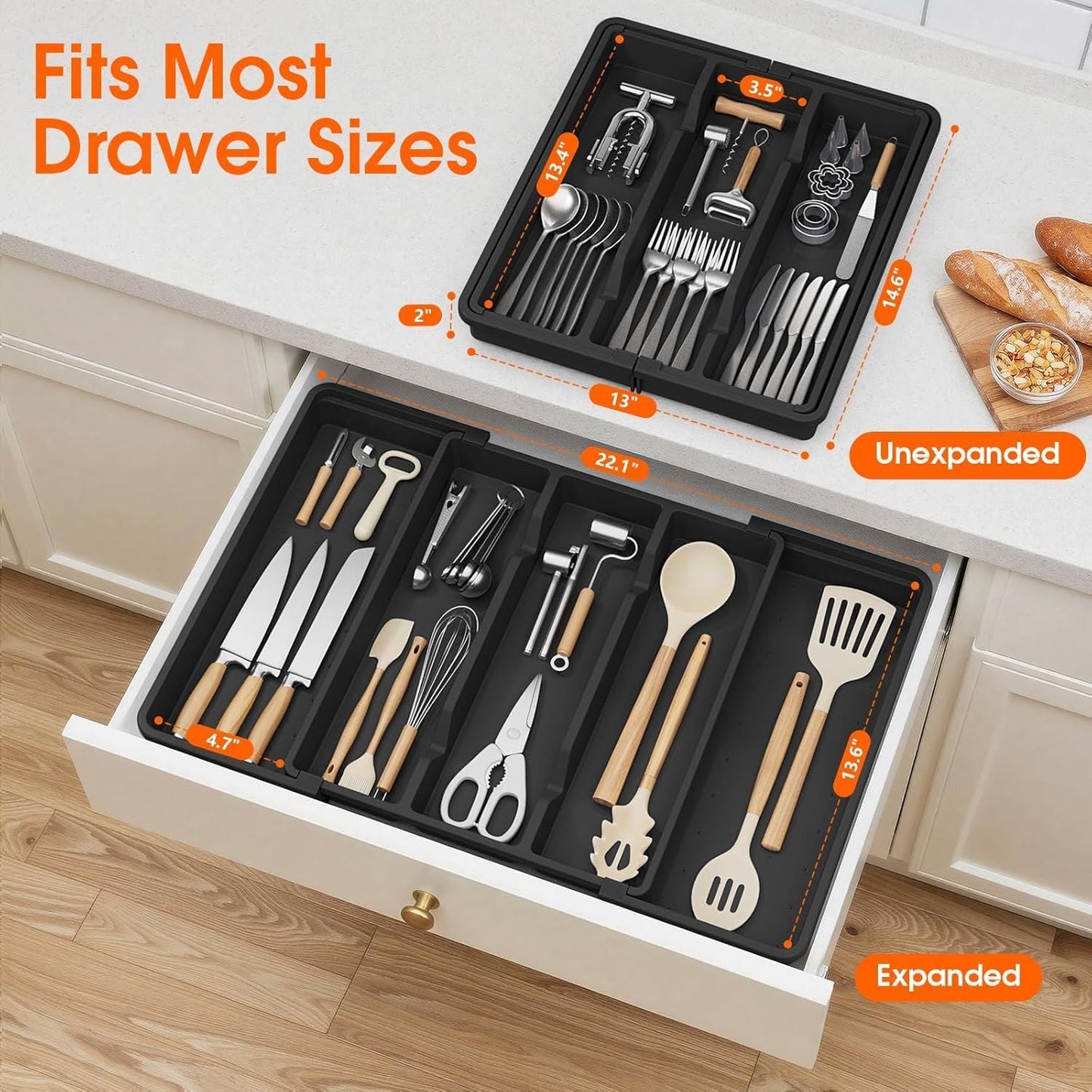 Large Silverware Organizer, Expandable Utensil Drawer Organizer for