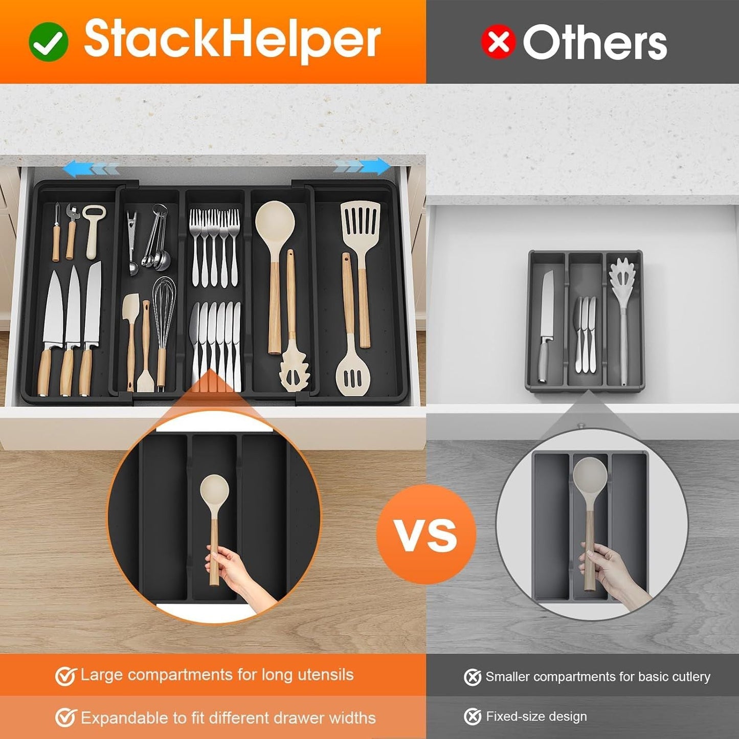 Large Silverware Organizer, Expandable Utensil Drawer Organizer for